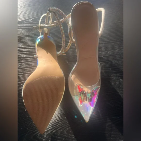 ALDO Women's Chrysalis Lucite Rhinestone Butterfly Ankle-Wrap Stiletto Heel sz 7 - Picture 2 of 5